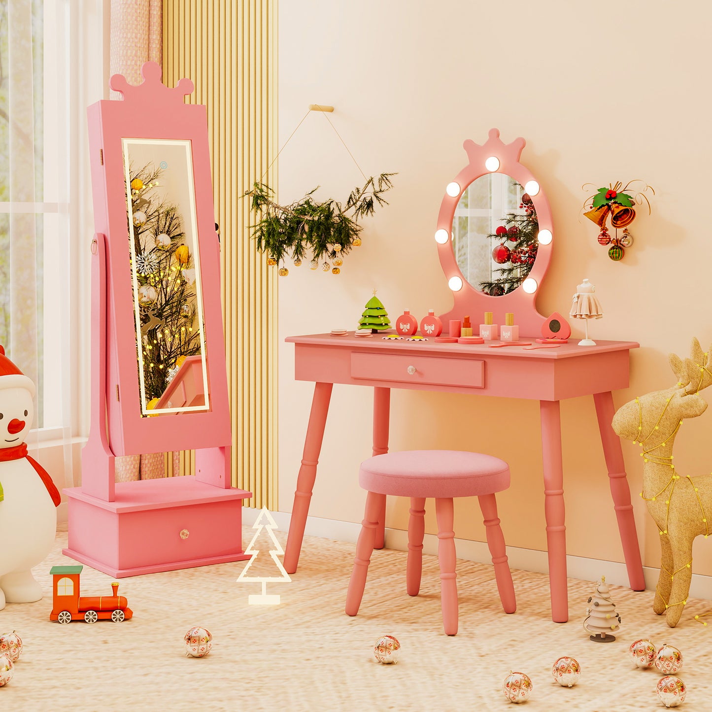 Kids Jewelry Cabinet with 2 Tilt Angles and 4 Sensor Lights-Pink