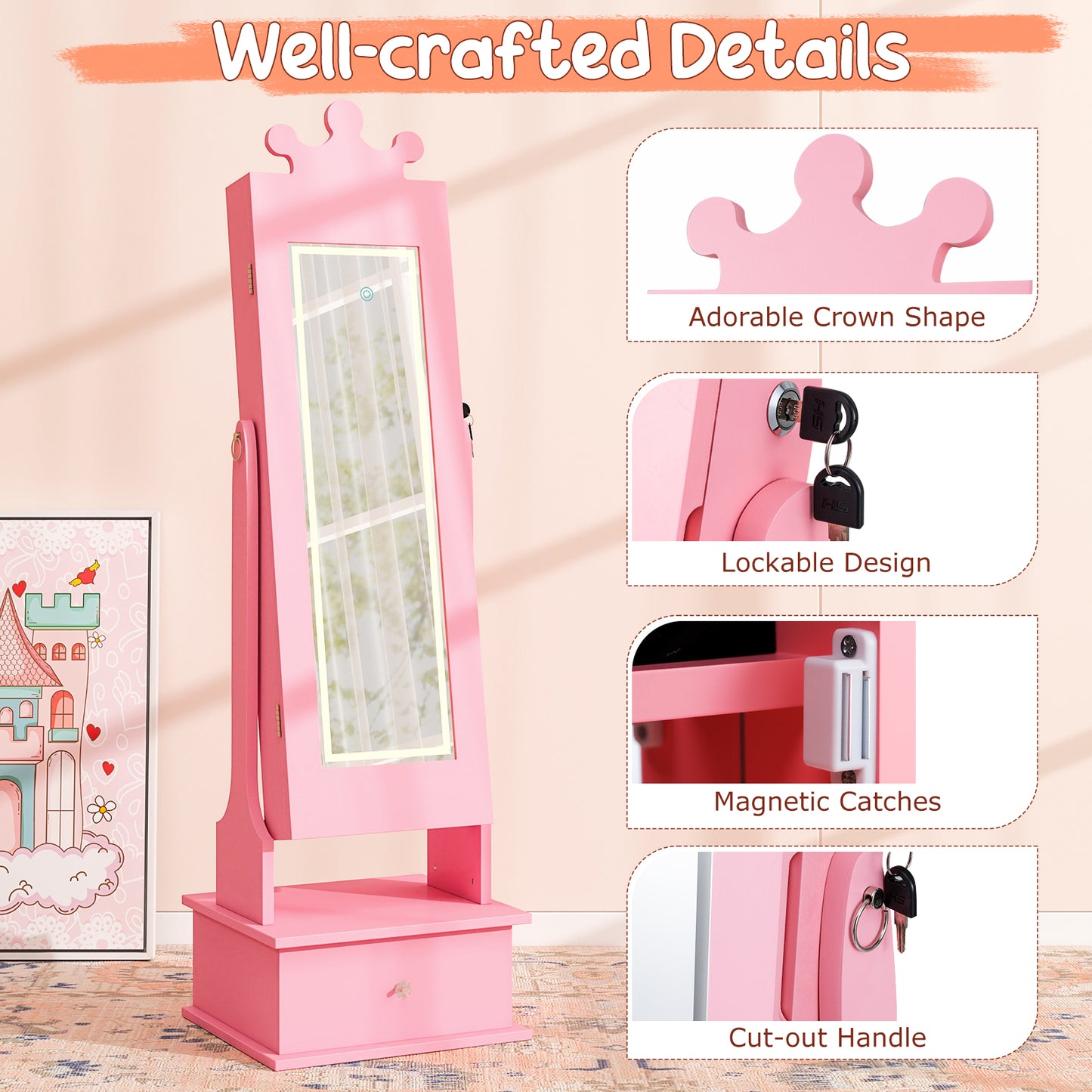 Kids Pink Jewelry Cabinet | Full Length Mirror | 4 LED Lights