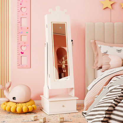 Kids White Mirror Jewelry Cabinet With LED Lights & Tilt Angles