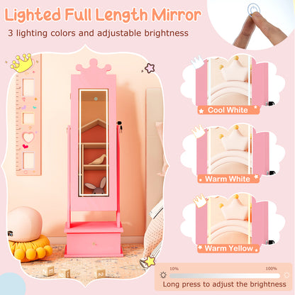 Kids Pink Jewelry Cabinet | Full Length Mirror | 4 LED Lights
