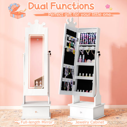 Kids White Mirror Jewelry Cabinet With LED Lights & Tilt Angles