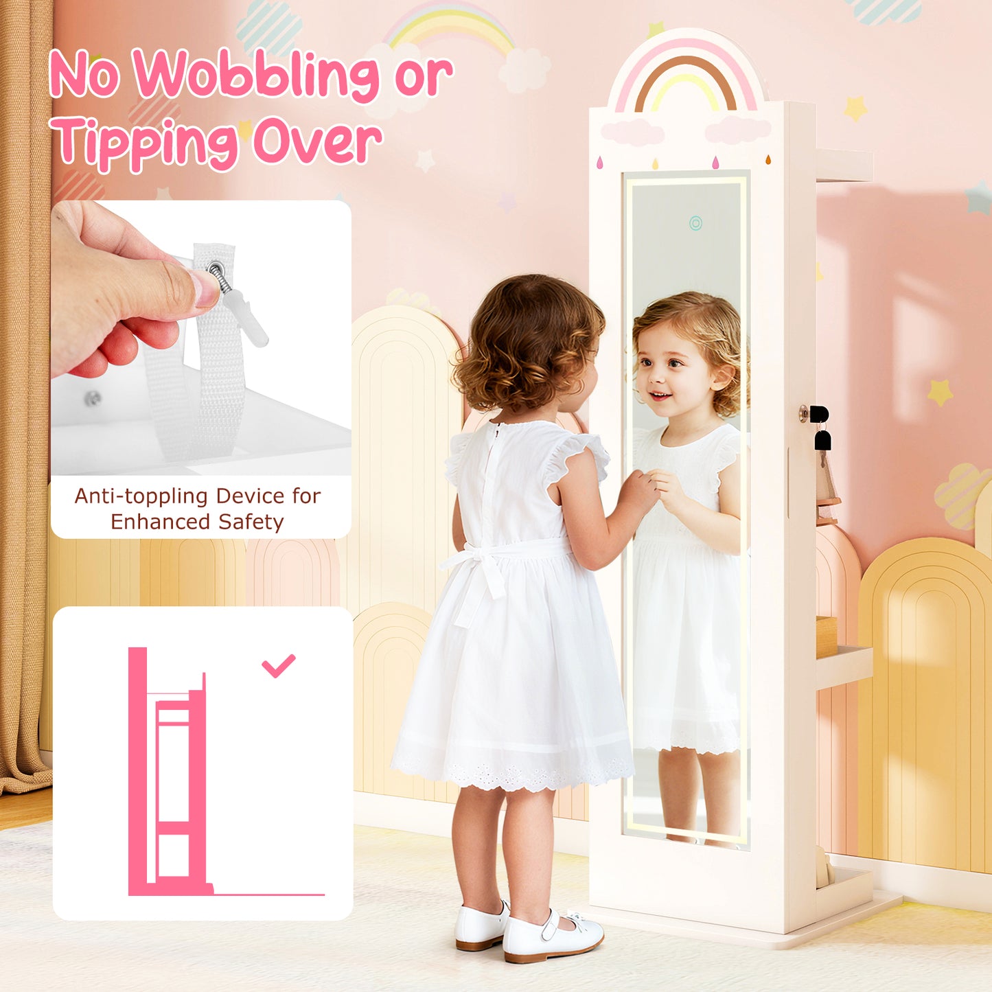 Kids White Jewelry Cabinet | LED Lights Full Length Mirror
