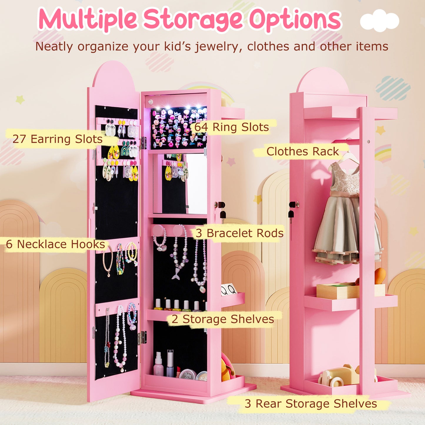 Pink Kids Jewelry Cabinet | Full Length Mirror with LED Lights