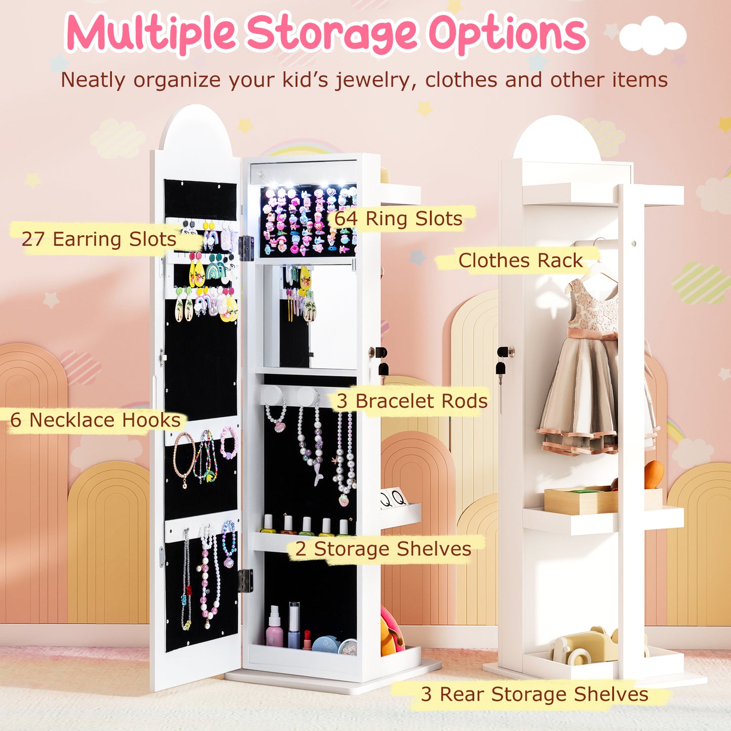 Kids White Jewelry Cabinet | LED Lights Full Length Mirror
