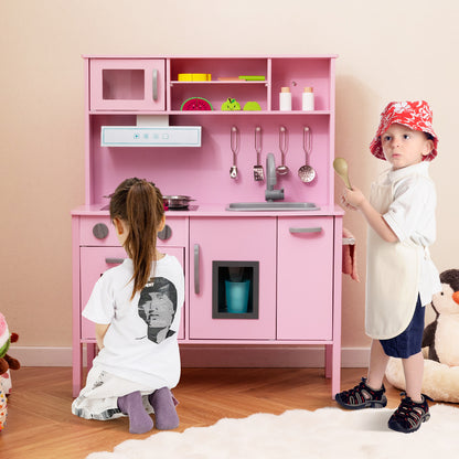 Kids Kitchen Playset Wooden Pretend Play Kitchen with Microwave-Pink