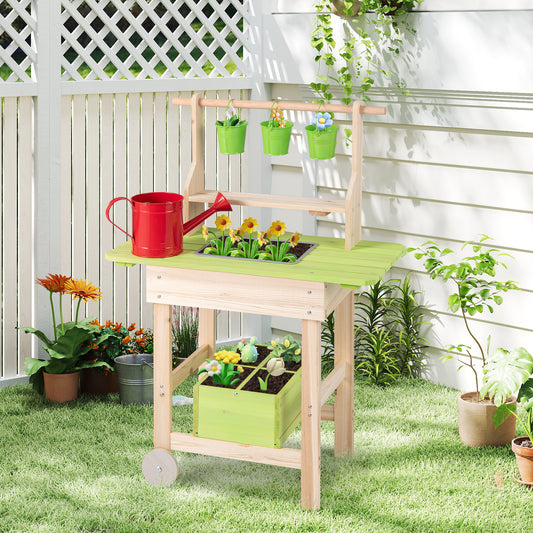 Costway Kids Mud Kitchen Outdoor Play Pretend Kitchen with Removable Pots Watering Can-Natural