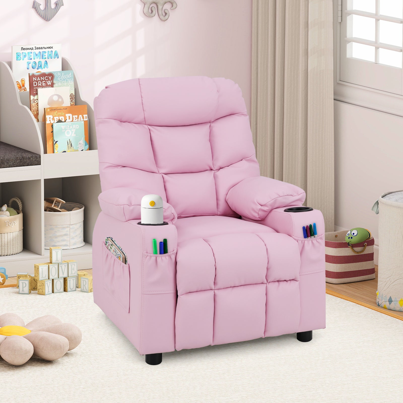 Costway Kids PU Leather Recliner with Cup Holder and Footrest-Pink
