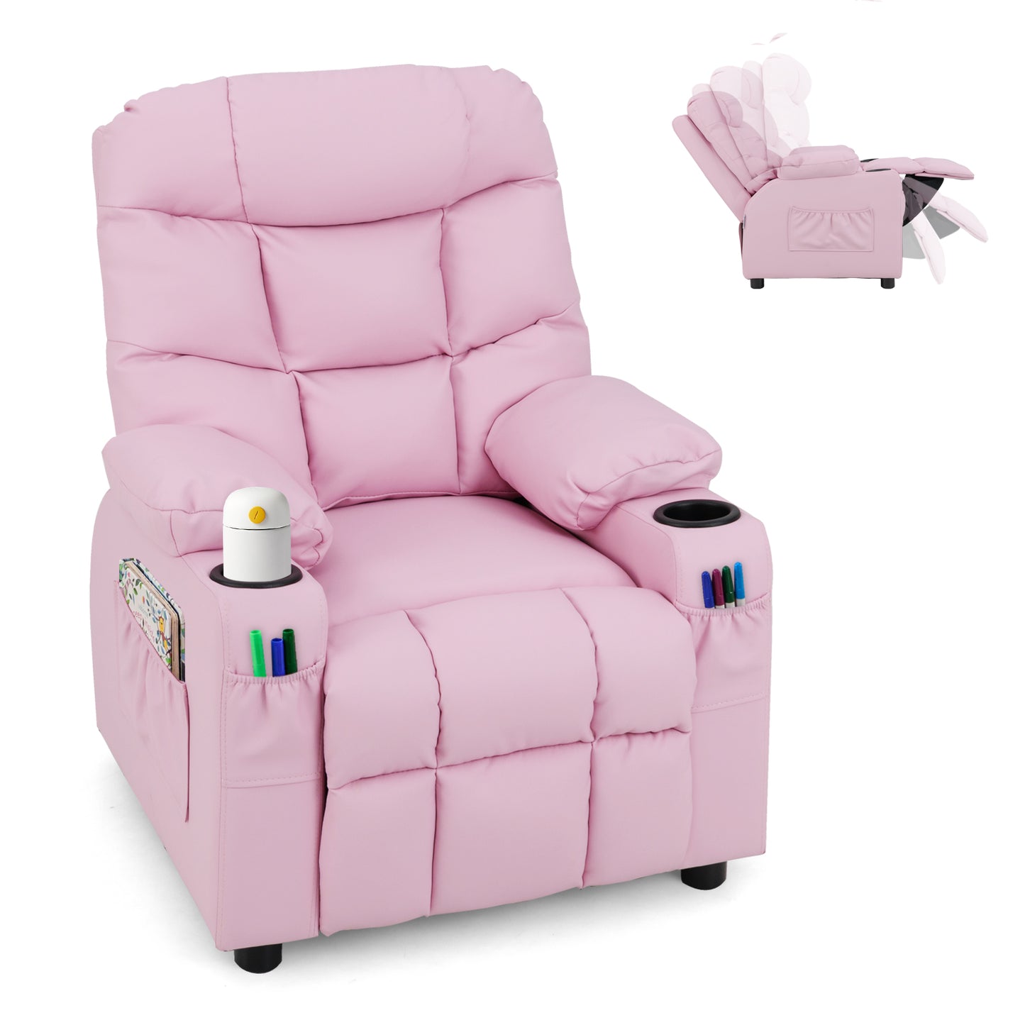 Pink Kids PU Leather Recliner | Cup Holder and Footrest