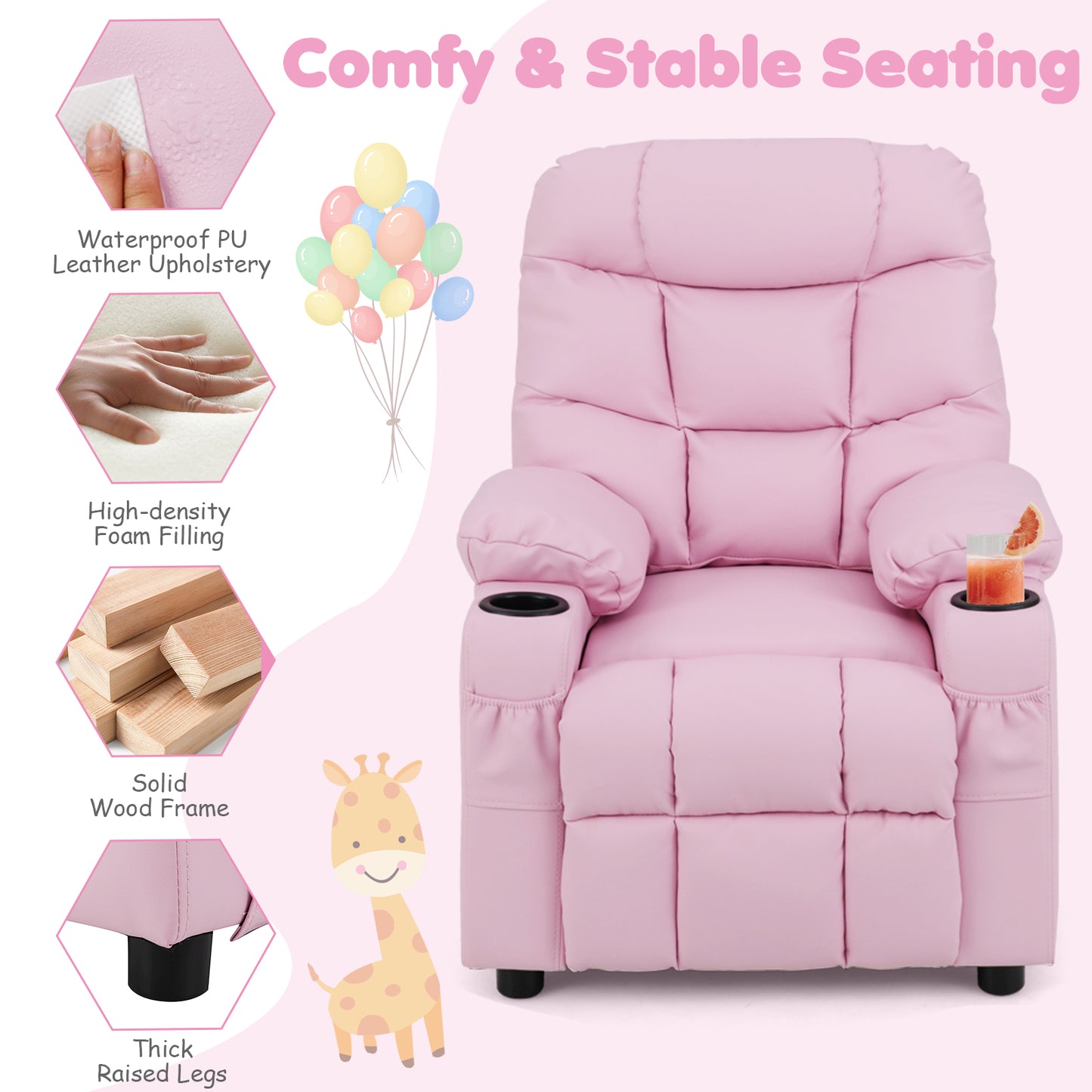 Pink Kids PU Leather Recliner | Cup Holder and Footrest