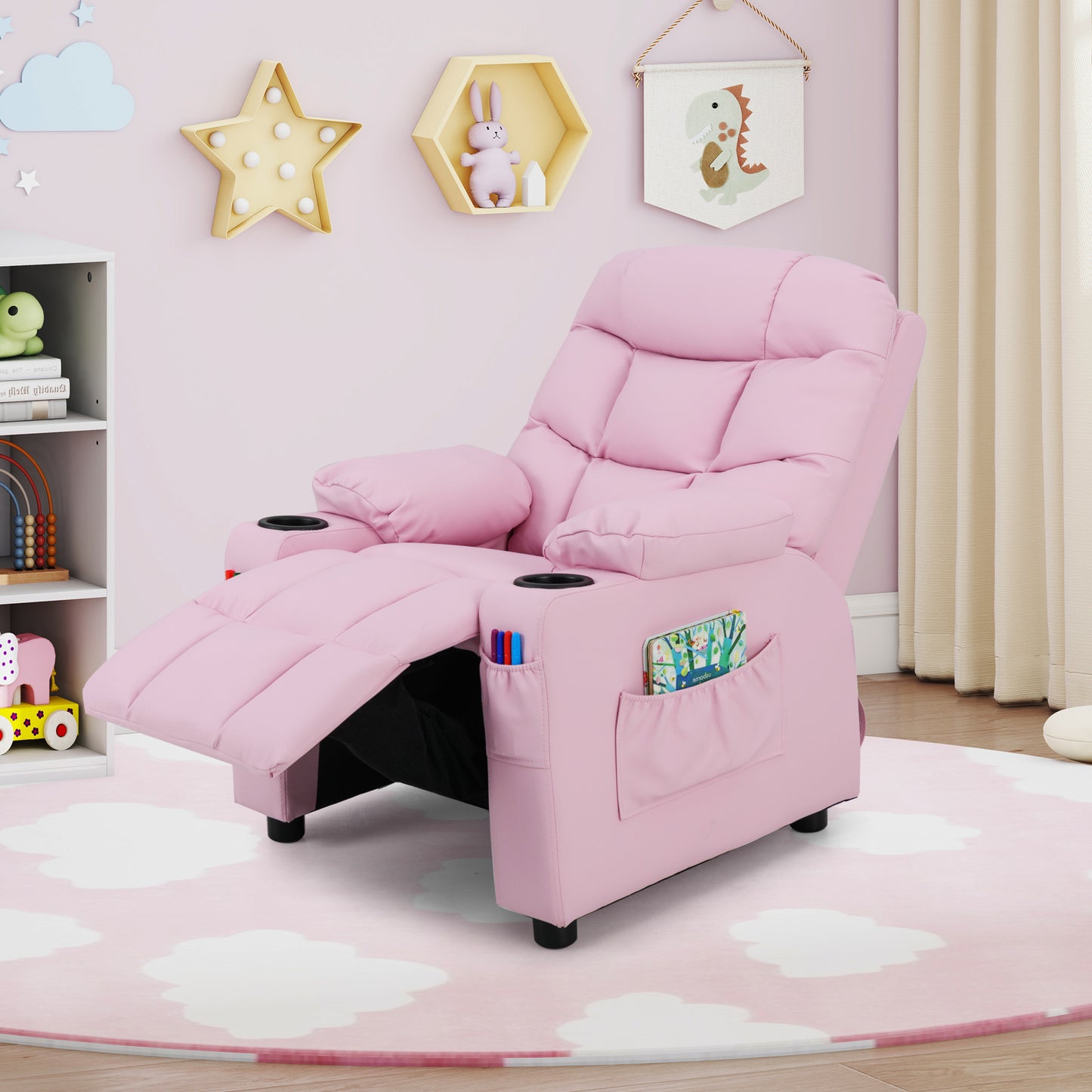 Pink Kids PU Leather Recliner | Cup Holder and Footrest