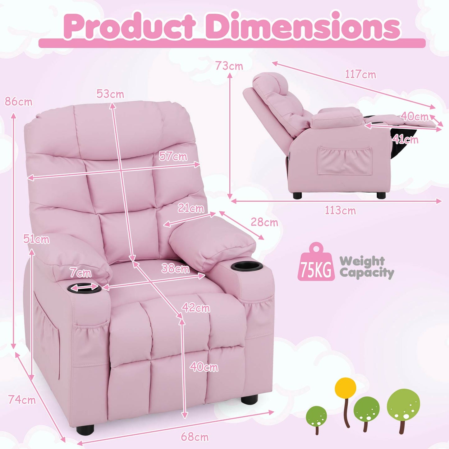 Pink Kids PU Leather Recliner | Cup Holder and Footrest