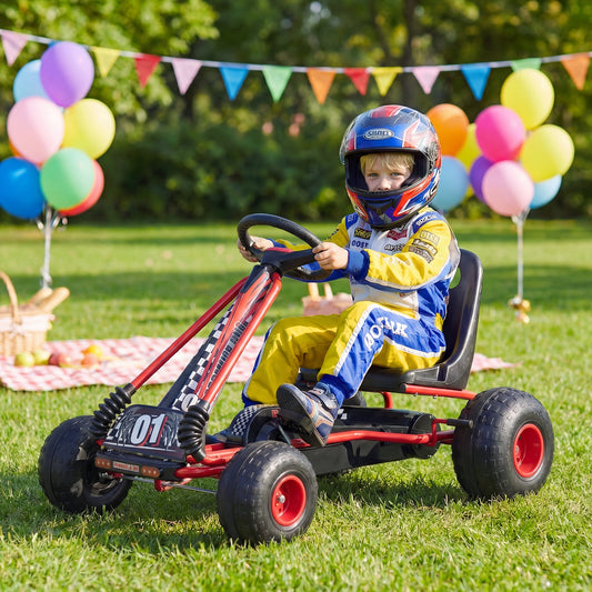 Red Kids Pedal Go Kart | Steering Wheel & Multi-Terrain Wheels