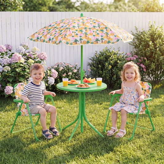 Kids Green Picnic Table Set | Umbrella & 2 Folding Chairs