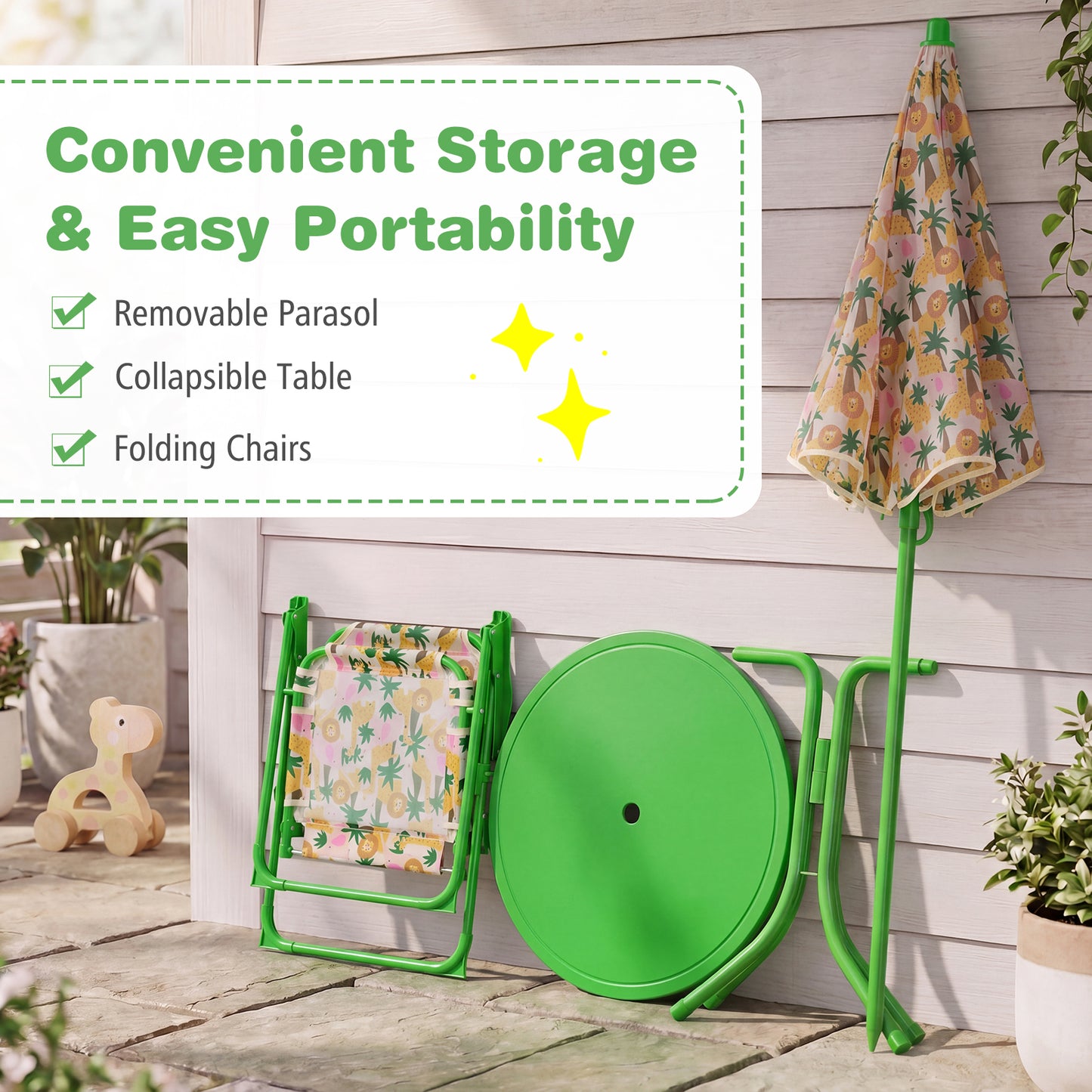 Kids Green Picnic Table Set | Umbrella & 2 Folding Chairs