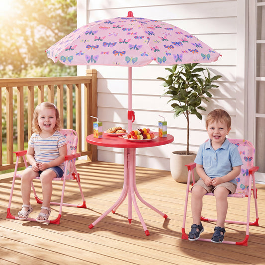 Kids Light Pink Picnic Table Set | Umbrella & 2 Folding Chairs