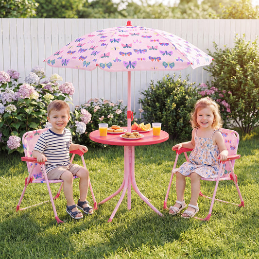 Kids Light Pink Picnic Table Set | Umbrella & 2 Folding Chairs