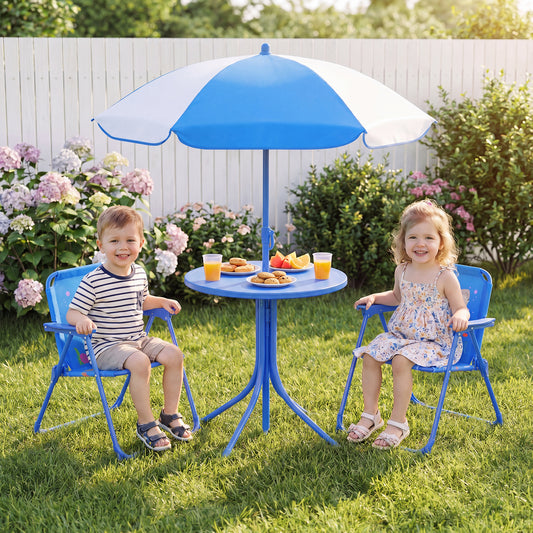 Navy Kids Picnic Table Set | Umbrella & 2 Folding Chairs