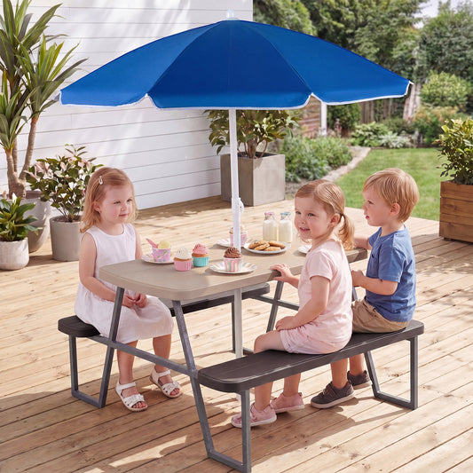 Costway Kids Picnic Table with Benches and Umbrella Seats 4 for Lawn Garden Patio-Brown