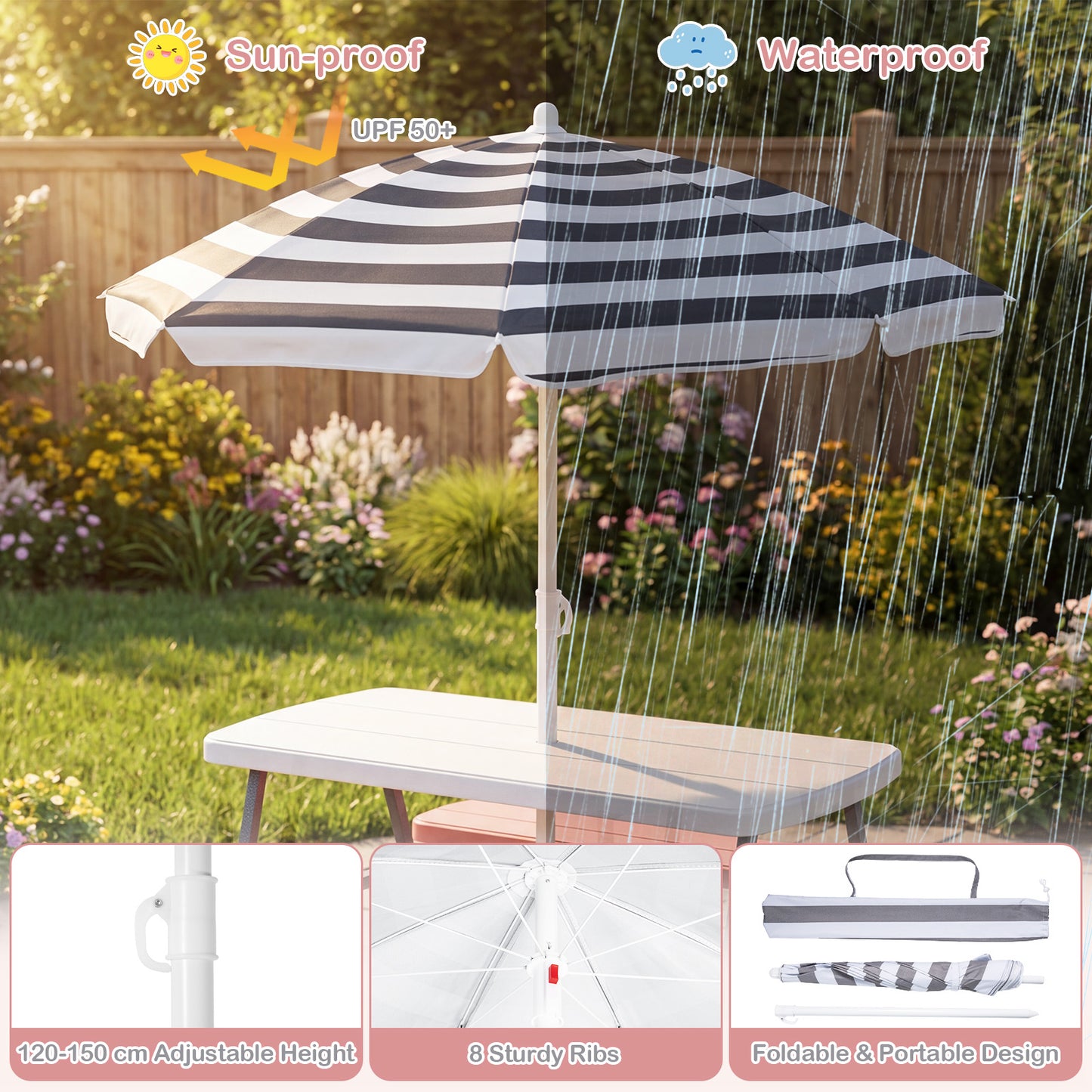 Pink Kids Picnic Table With Umbrella Benches | Seats 4