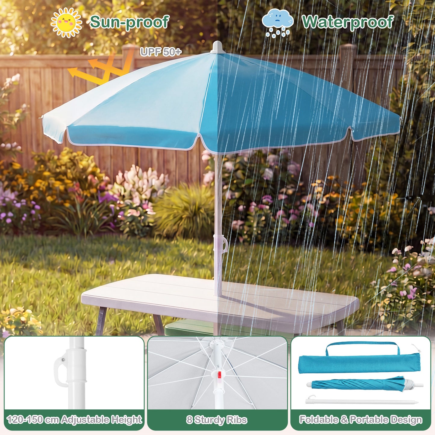 Green Kids Picnic Table With Umbrella Benches | Seats 4