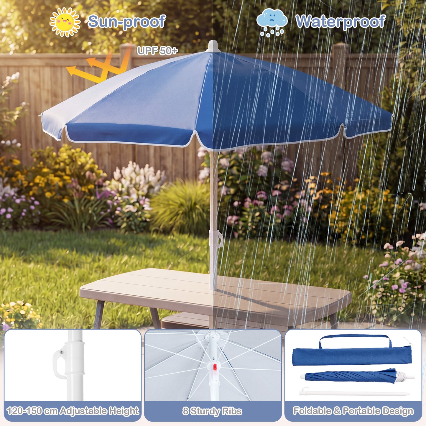 Kids Picnic Table With Umbrella & Benches | Brown Seats 4