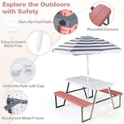 Pink Kids Picnic Table With Umbrella Benches | Seats 4