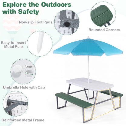 Green Kids Picnic Table With Umbrella Benches | Seats 4