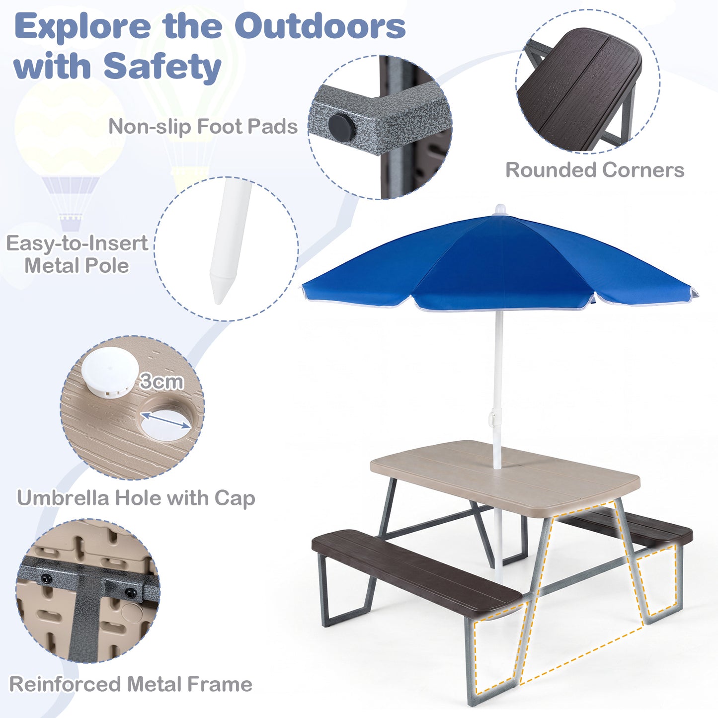 Kids Picnic Table With Umbrella & Benches | Brown Seats 4