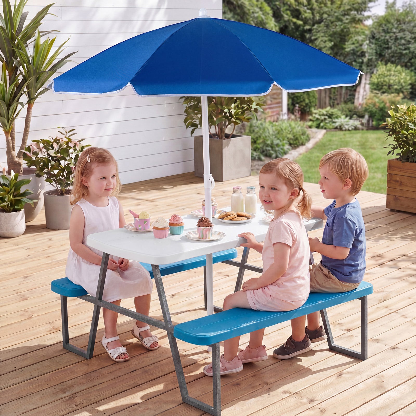 Costway Kids Picnic Table with Benches and Umbrella Seats 4 for Lawn Garden Patio-Blue