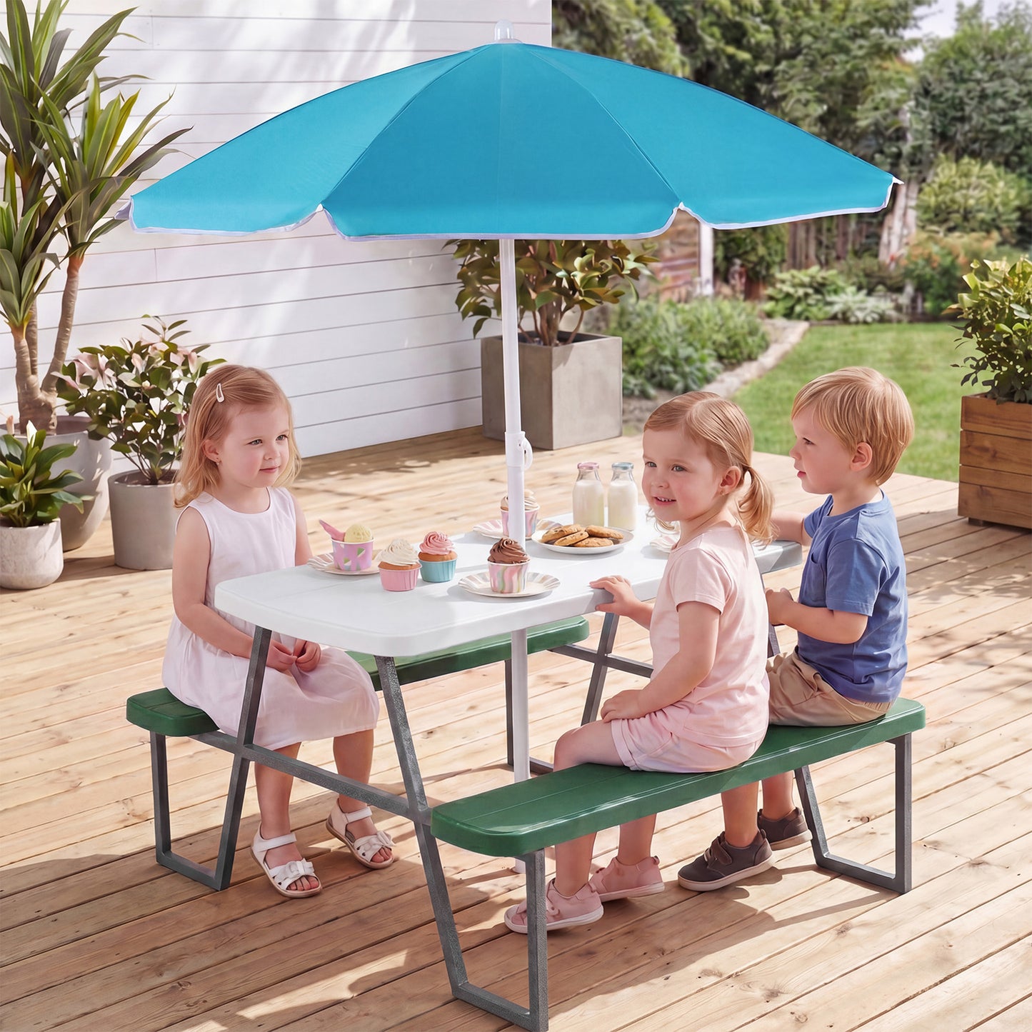Costway Kids Picnic Table with Benches and Umbrella Seats 4 for Lawn Garden Patio-Green