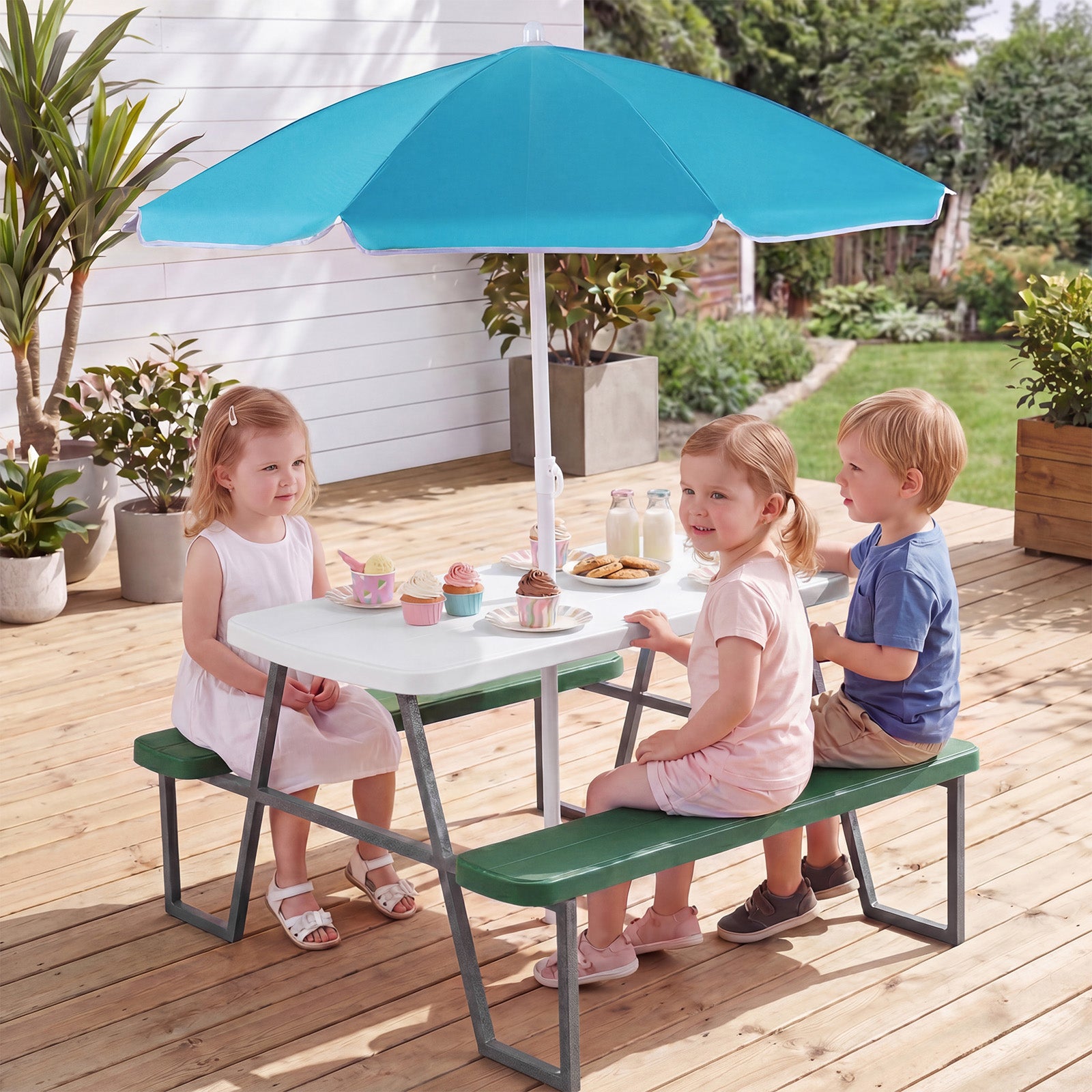 Costway Kids Picnic Table with Benches and Umbrella Seats 4 for Lawn Garden Patio-Green