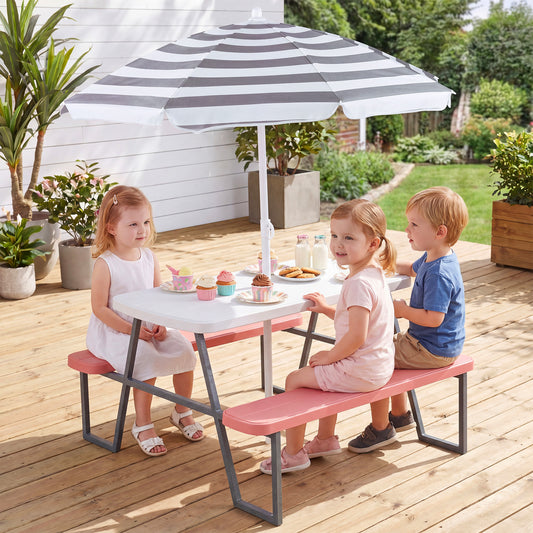 Costway Kids Picnic Table with Benches and Umbrella Seats 4 for Lawn Garden Patio-Pink