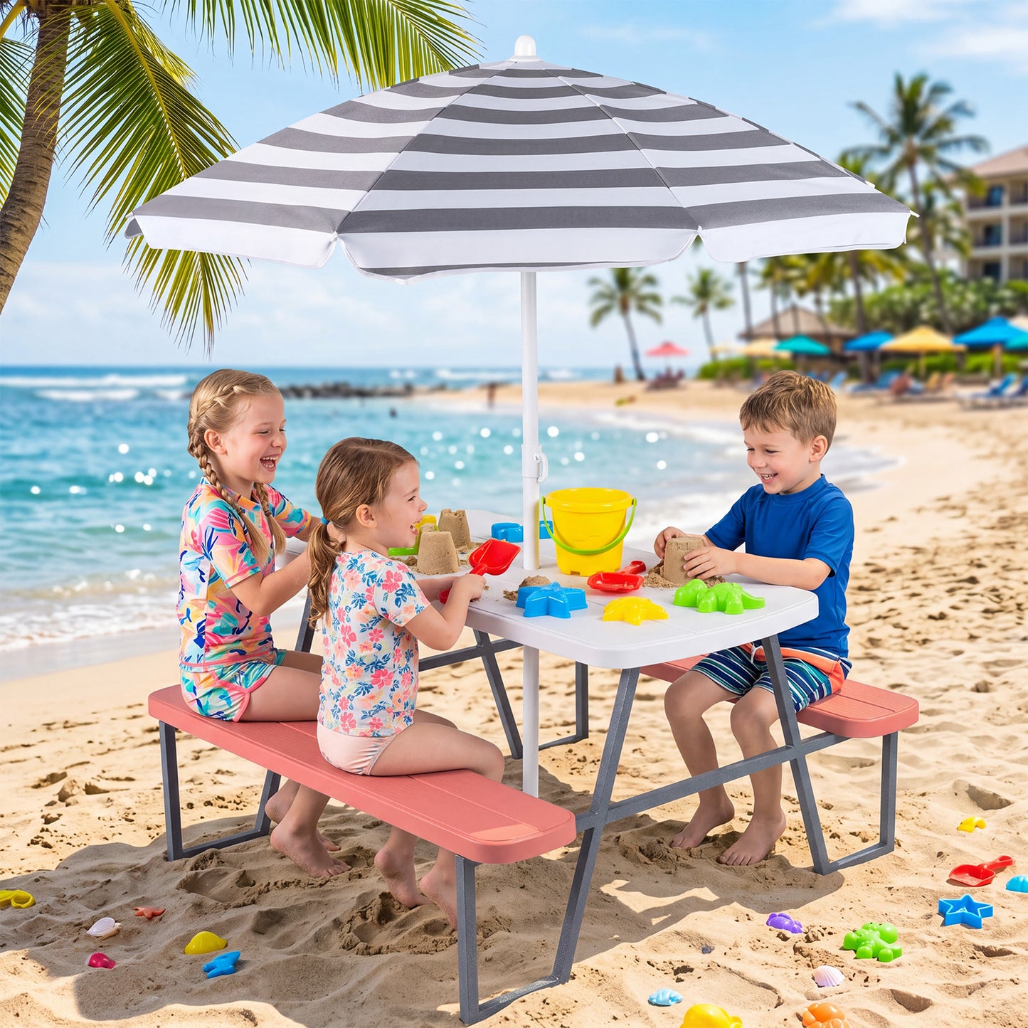 Pink Kids Picnic Table With Umbrella Benches | Seats 4