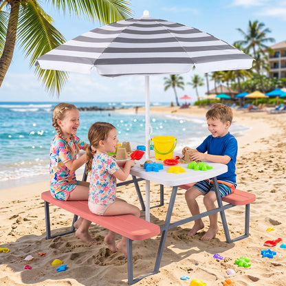 Pink Kids Picnic Table With Umbrella Benches | Seats 4