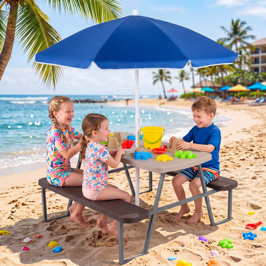 Kids Picnic Table With Umbrella & Benches | Brown Seats 4