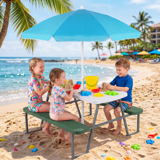 Green Kids Picnic Table With Umbrella Benches | Seats 4