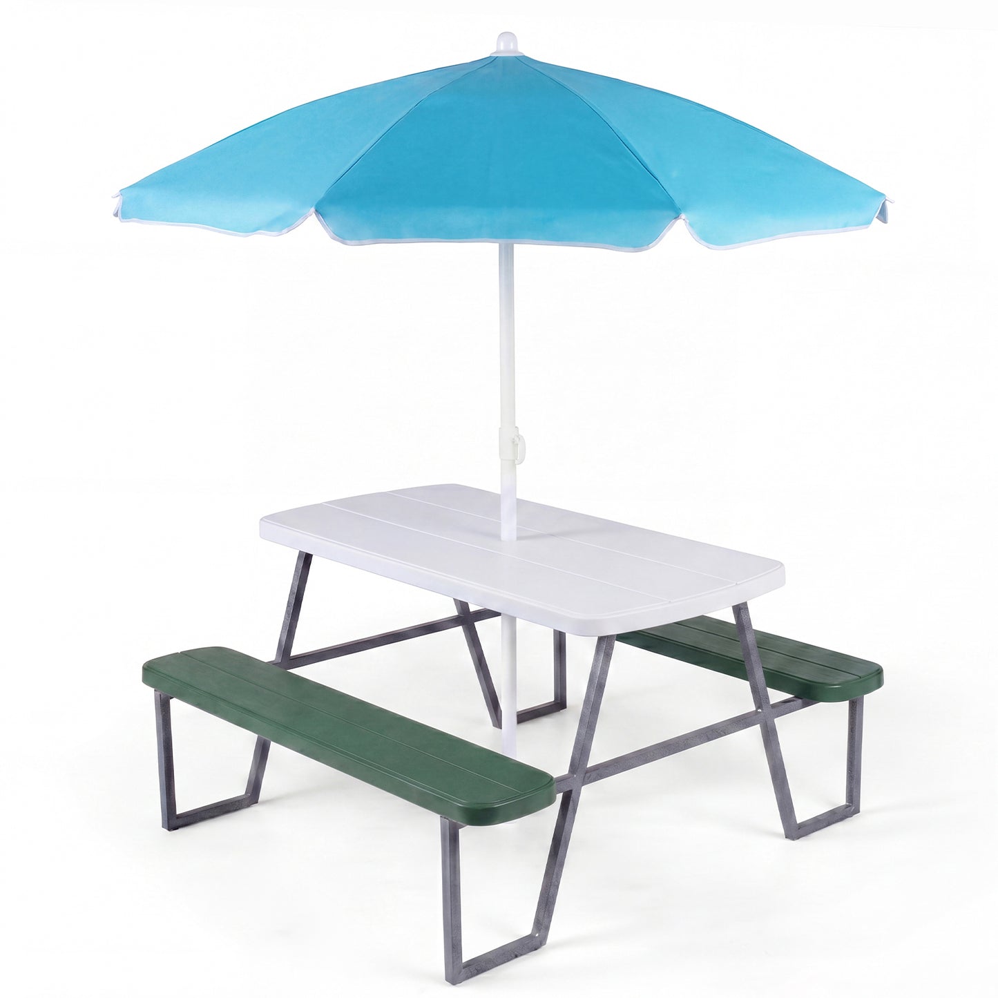 Green Kids Picnic Table With Umbrella Benches | Seats 4