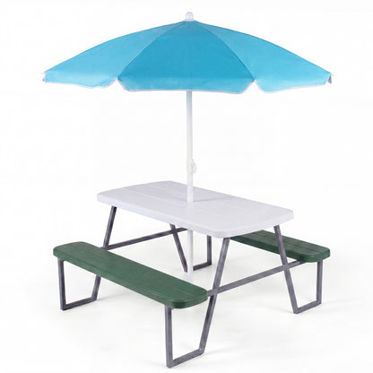 Green Kids Picnic Table With Umbrella Benches | Seats 4