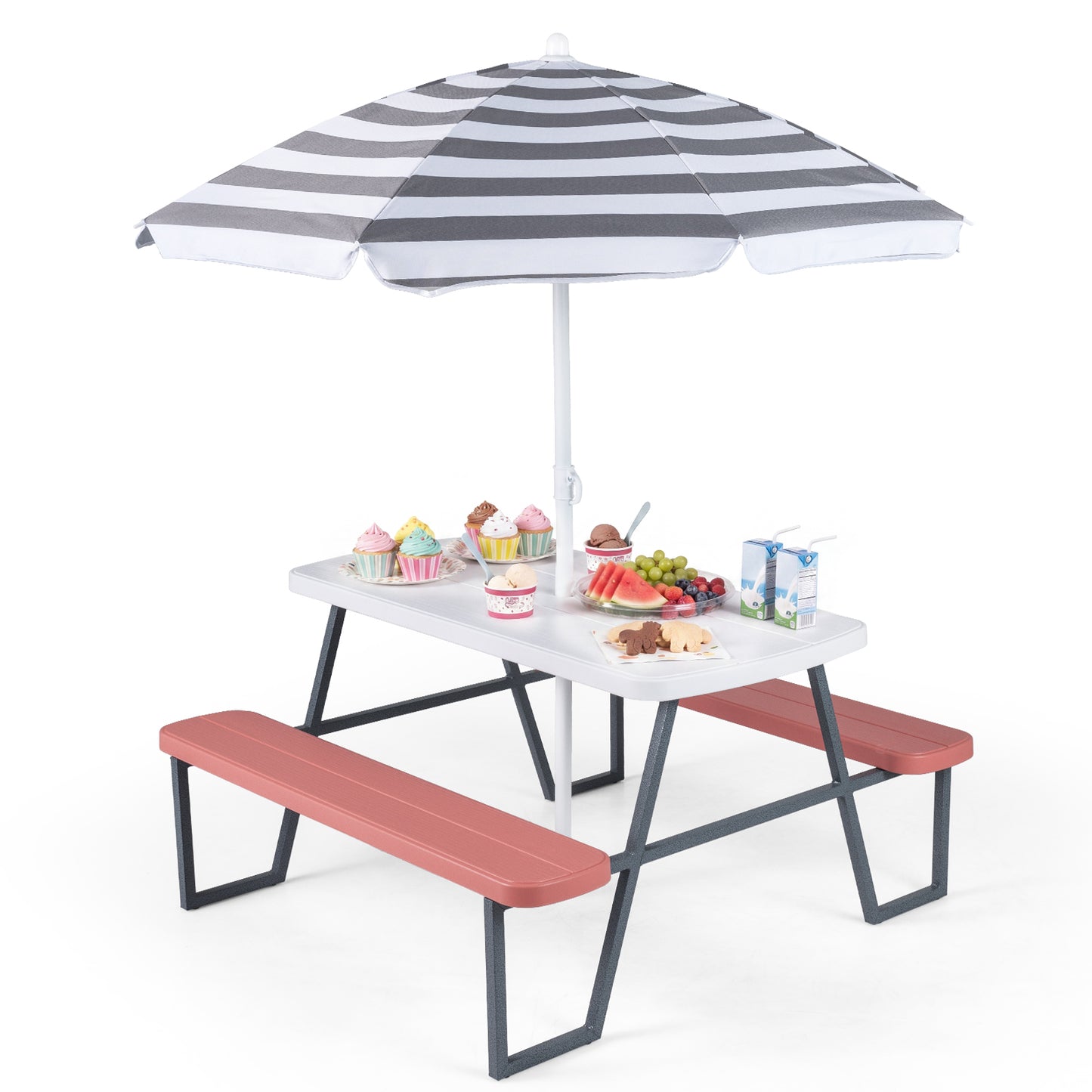 Pink Kids Picnic Table With Umbrella Benches | Seats 4
