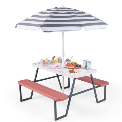 Pink Kids Picnic Table With Umbrella Benches | Seats 4