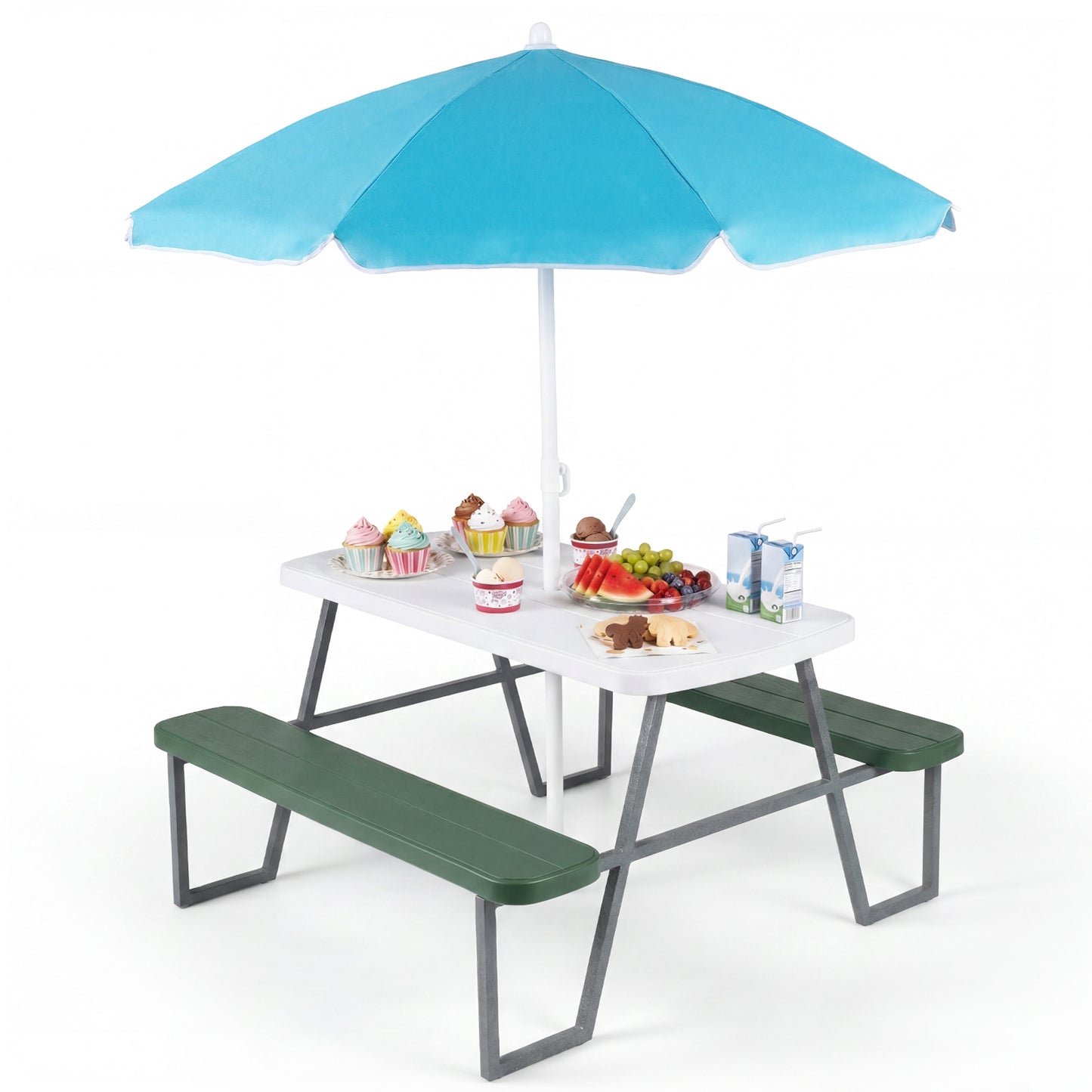 Green Kids Picnic Table With Umbrella Benches | Seats 4
