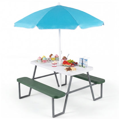 Green Kids Picnic Table With Umbrella Benches | Seats 4