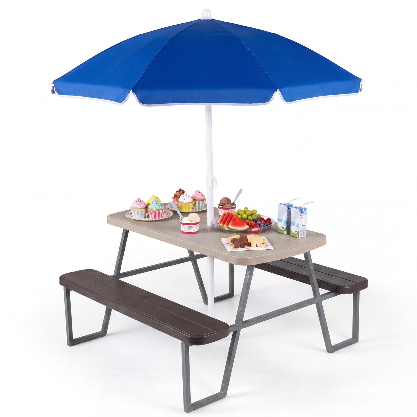 Kids Picnic Table With Umbrella & Benches | Brown Seats 4