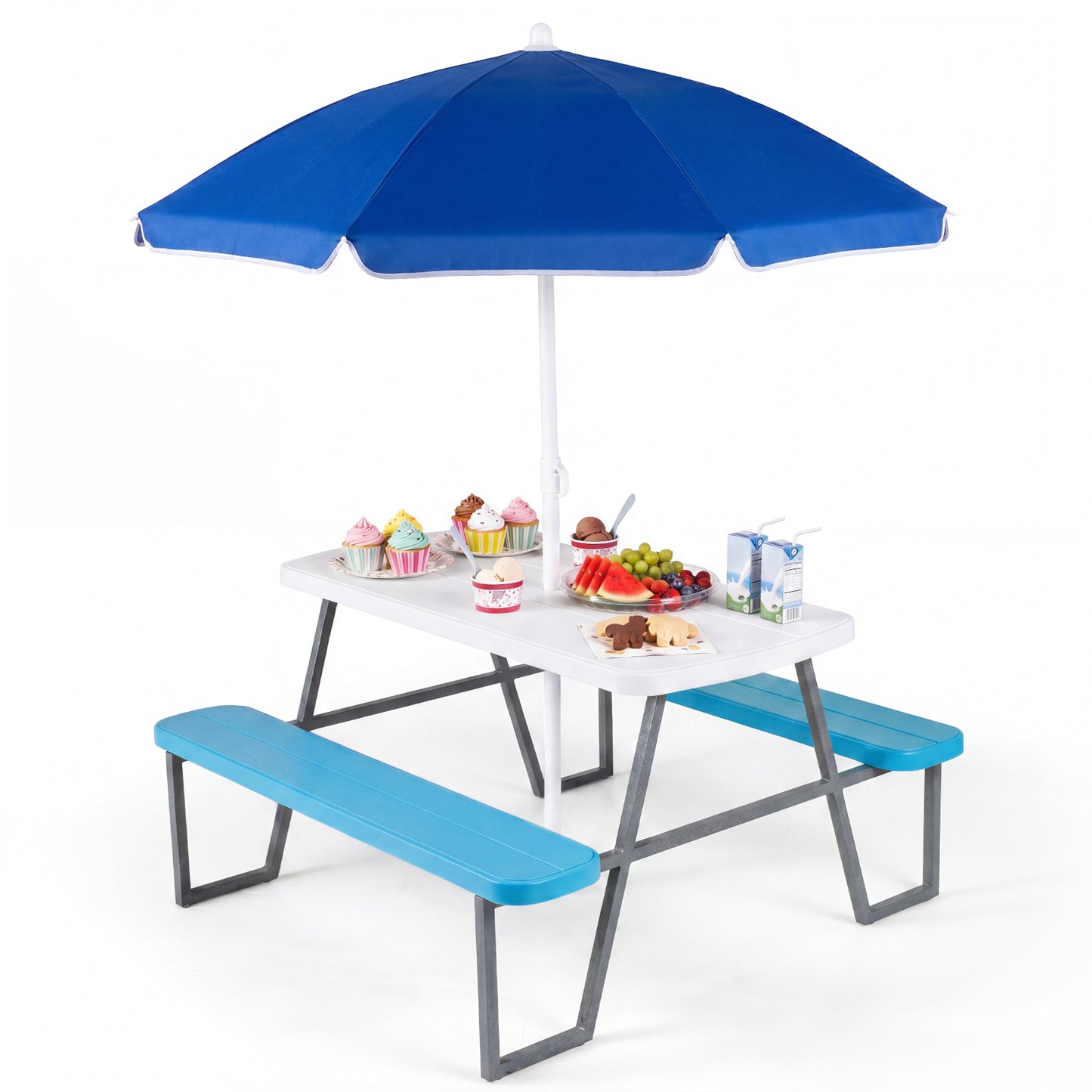 Blue Kids Picnic Table with Benches & Umbrella | Seats 4