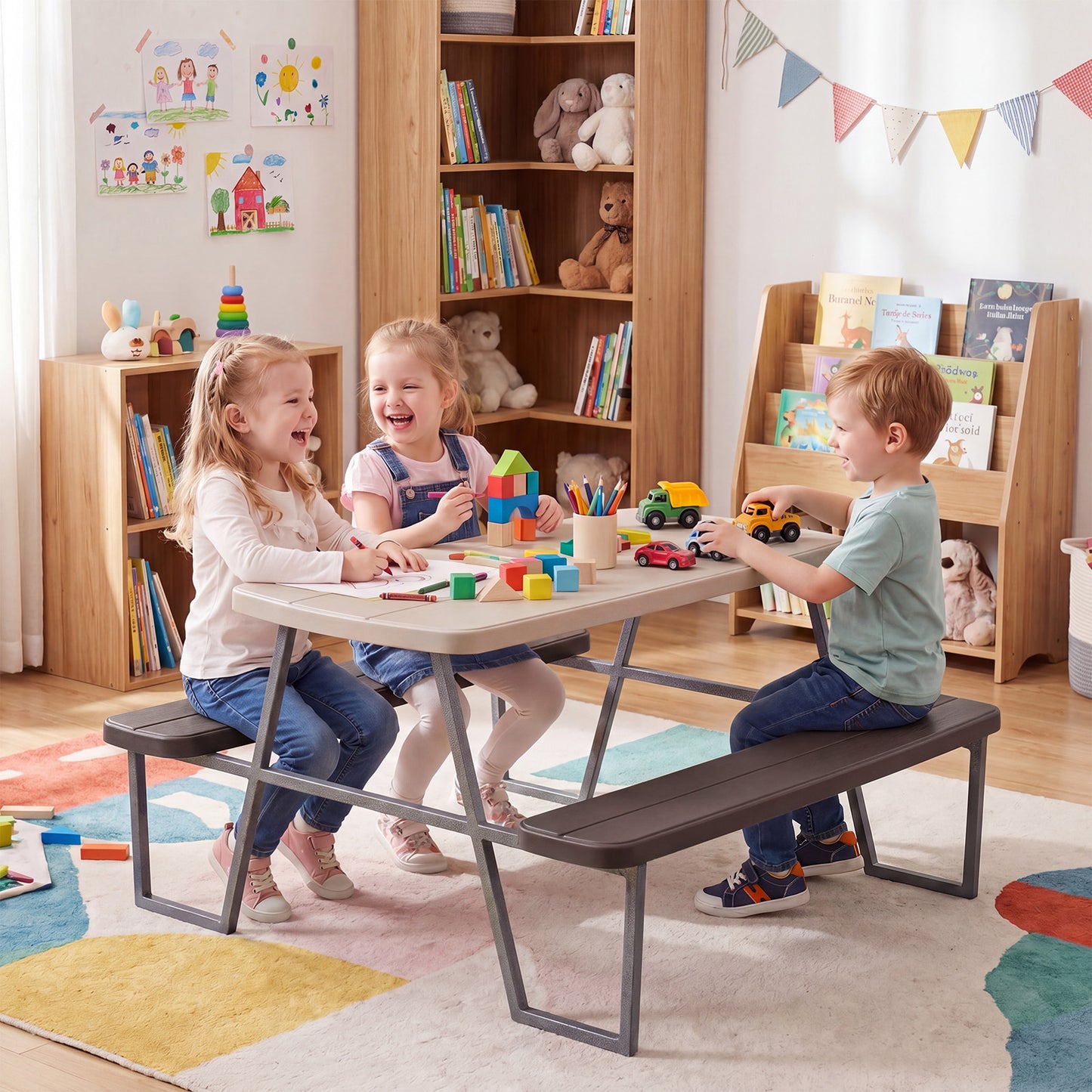 Kids Picnic Table With Umbrella & Benches | Brown Seats 4