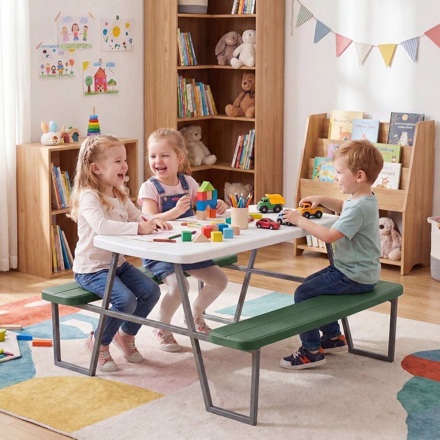 Green Kids Picnic Table With Umbrella Benches | Seats 4