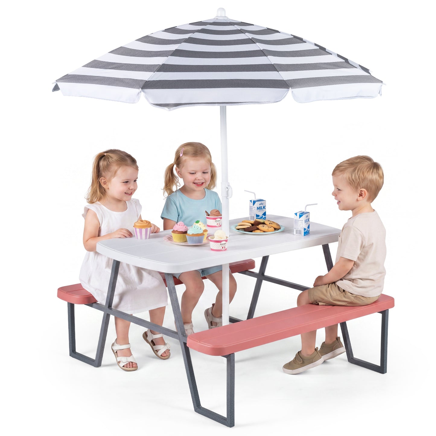 Pink Kids Picnic Table With Umbrella Benches | Seats 4