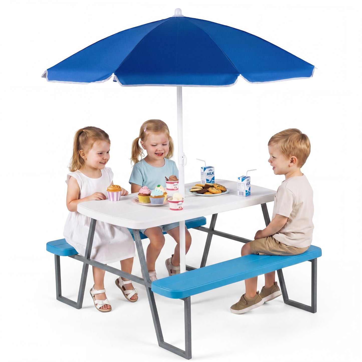 Blue Kids Picnic Table with Benches & Umbrella | Seats 4