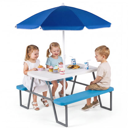 Blue Kids Picnic Table with Benches & Umbrella | Seats 4
