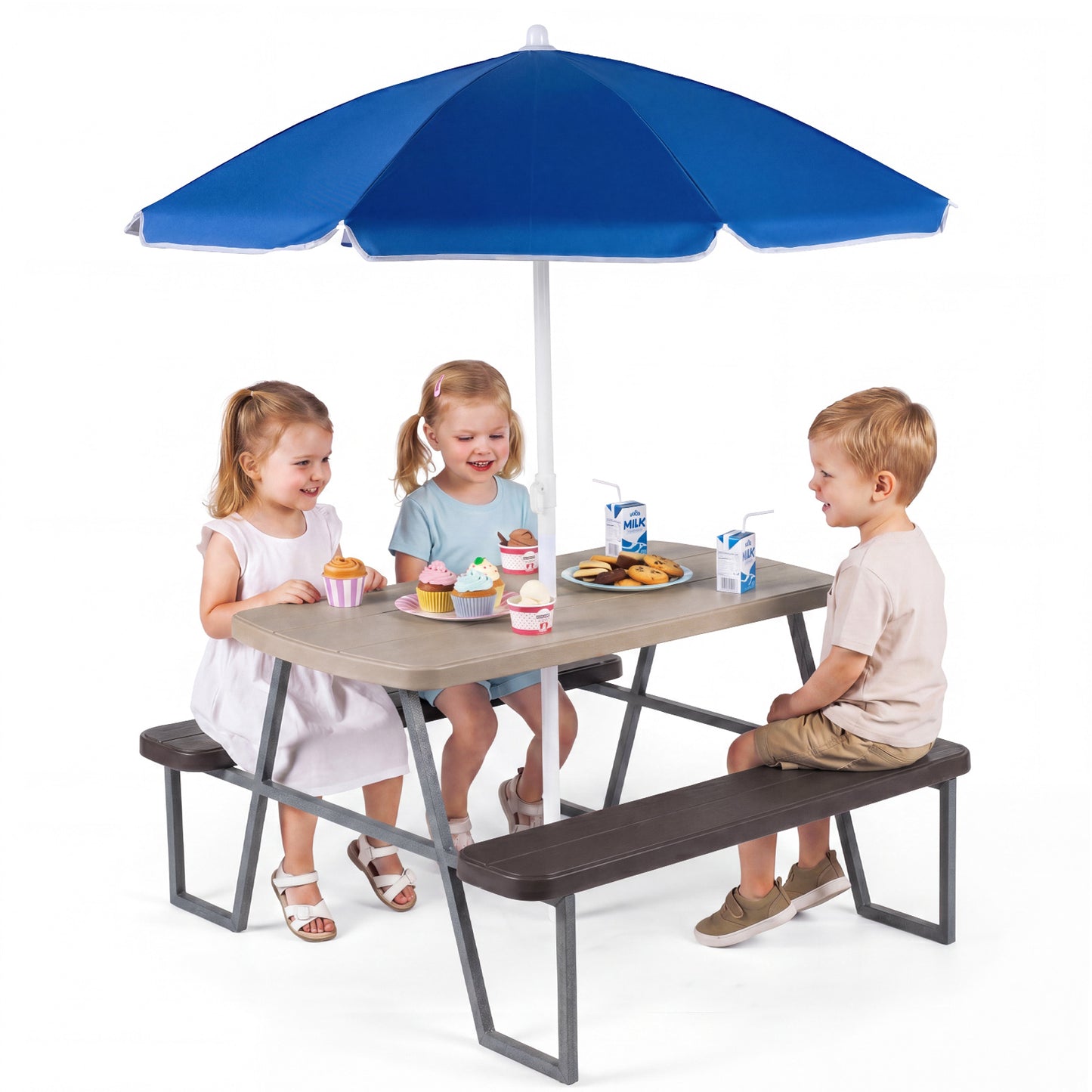 Kids Picnic Table With Umbrella & Benches | Brown Seats 4